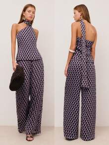 Nöista Geometrical Print Top And Pants Set, Colorful Print In Purple, Blue And Green Colors, Scarf Around The Neck And Asymmetrical Top Showing One Shoulder, Loose Pants, Wedding Guest Outfit. Summer Set, Spring Outfit Women, Easter, Festival, Wedding, Graduation, Bridesmaid Outfit, Prom Look, Ball Gown, Birthday. - Multicolor - View 1