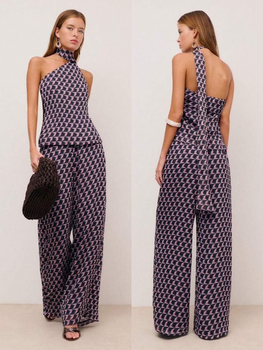 Nöista Geometrical Print Top And Pants Set, Colorful Print In Purple, Blue And Green Colors, Scarf Around The Neck And Asymmetrical Top Showing One Shoulder, Loose Pants, Wedding Guest Outfit. Summer Set, Spring Outfit Women, Easter, Festival, Wedding, Graduation, Bridesmaid Outfit, Prom Look, Ball Gown, Birthday. - Multicolor - View 1