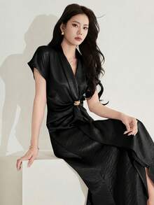 Heiryn Women's Solid Color Metal Decor Ruched Elegant Party Dress,Summer Dresses For Women - Black - View 4