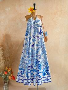 Soleia Plus Size White Print Spaghetti Strap Backless Maxi Dress, Suitable For Beach Holiday Vacation, Music Festival, Summer Ladies Dresses,Music Festival, Outfits, Clothing,Festival Outfits For Women ,Beach Outfit For Women,Holiday Outfits For Women , Boho - Blue and White - View 8