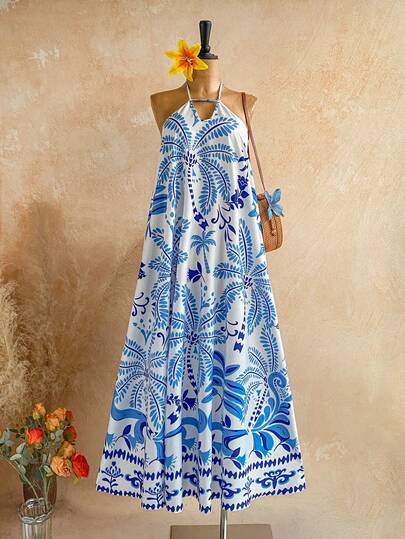 Soleia Đầm maxi dáng rộng màu xanh dương in họa tiết, dây mảnh, hở lưng, thích hợp cho đi biển, lễ hội âm nhạc, mùa hè.