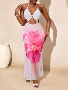 BamGleam Đầm mùa hè mới in họa tiết hoa dâm bụt ombre, cổ yếm, lưng khoét sâu, ôm sát, thích hợp cho kỳ nghỉ hè trên đảo/chụp ảnh bãi biển mang phong cách gợi cảm. - Nhiều màu - Xem 8