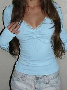 Rina Fox Áo thun dài tay kẻ sọc phong cách retro lãng mạn thường ngày dành cho nữ cỡ lớn - Màu xanh lam - Xem 1