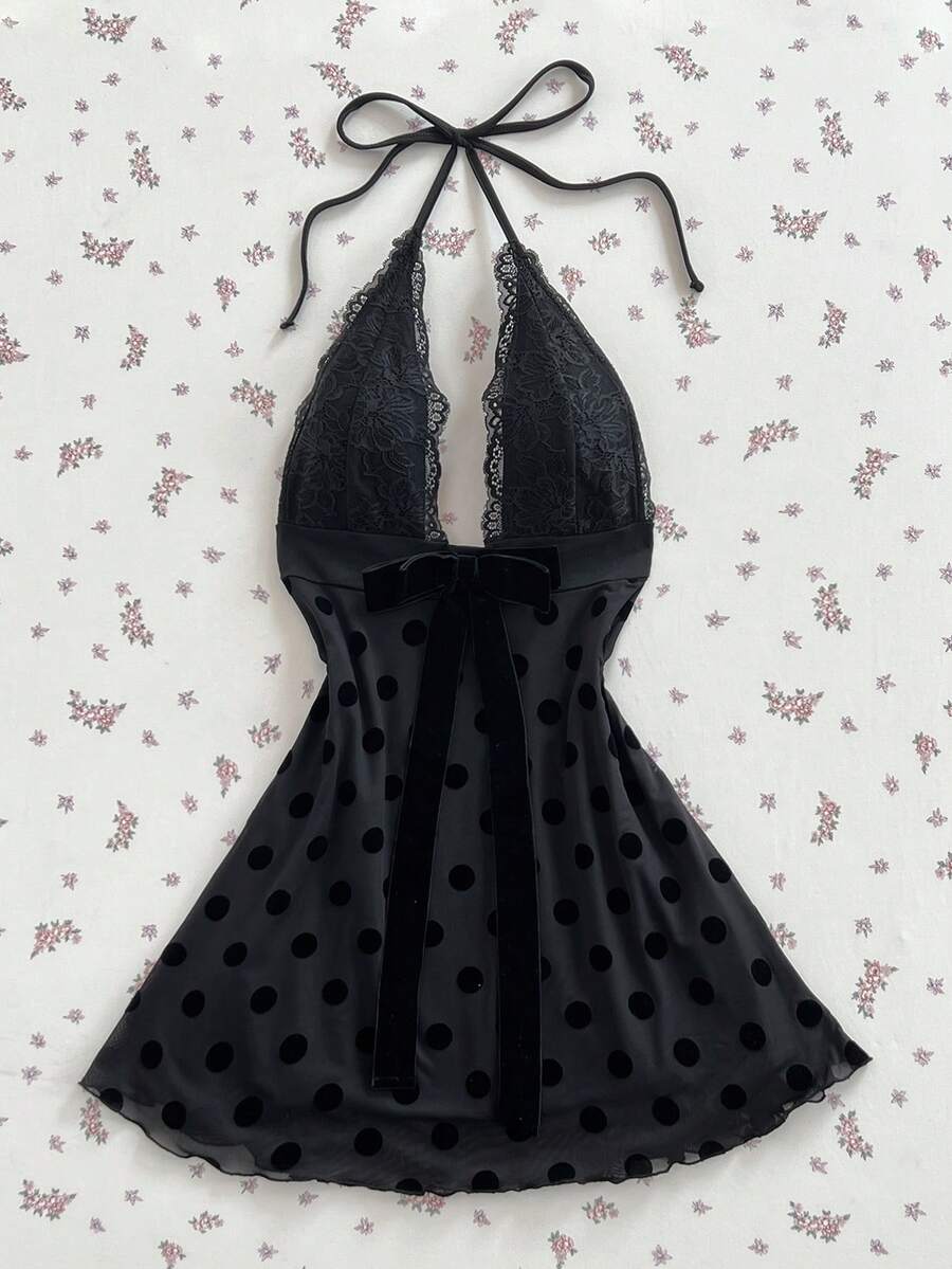 Elamini Đầm mini ôm sát gợi cảm cổ chữ V sâu, chất liệu ren, màu đen chấm bi, tối giản, dành cho nữ mùa hè, có nơ buộc cổ. - màu đen - Xem 1