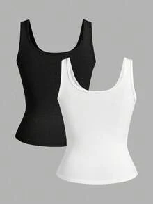 SHEIN Tall CURVE CURVE Plus Size Women's Tall Girls Pleated Scoop Neck Tank Top,High-Waisted Vest,Black And White,Summer,Smart Casual,Everyday Holiday Outfit - Black and White - View 3