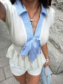 FavEase Women's White Plaid Patchwork Shirt, Fashionable Versatile Academic Style Summer Top, Suitable For Beach, Back To School Season, Spring & Summer - White - View 4