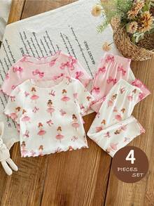 SHEIN Bộ đồ mặc nhà 4 món cho bé gái: áo thun và quần legging dệt kim họa tiết nơ dễ thương, kiểu dáng thường ngày, kèm quần legging. - Nhiều màu - Xem 1