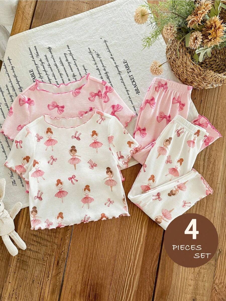 SHEIN Bộ đồ mặc nhà 4 món cho bé gái: áo thun và quần legging dệt kim họa tiết nơ dễ thương, kiểu dáng thường ngày, kèm quần legging. - Nhiều màu - Xem 1