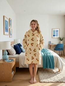 Joivida 1件男女通用抓绒连帽衫，带口袋 - 超柔软保暖家居服，可机洗，蝴蝶结/草莓/樱桃熊印花 - 彩色 - 查看 8