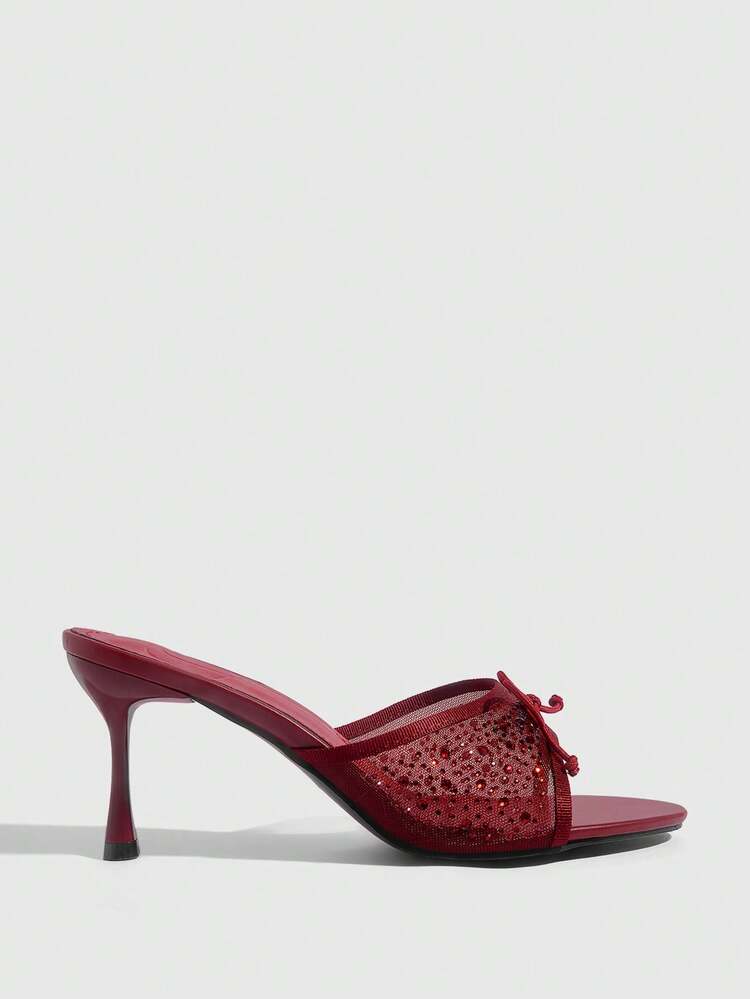 CUCCOO SZL Women Shoes Round Toe Stiletto Burgundy Mesh Bow Full Diamond Pedal Fashion Elegant French Women High Heel Sandals Slippers With Skirt Daily Versatile Sexy Banquet Party Women Sandals