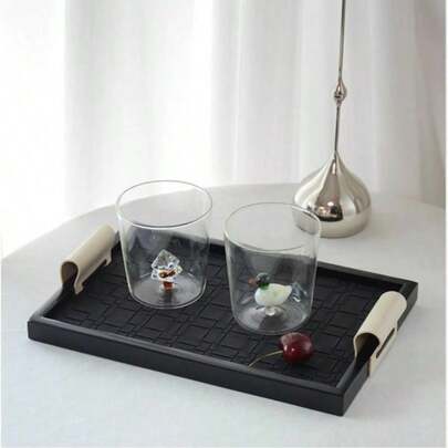 1个木质皮革编织托盘，简约桌面化妆品收纳托盘，浴室毛巾架，卧室香水展示架，客厅玄关装饰杂物托盘，杏色和黑色可选