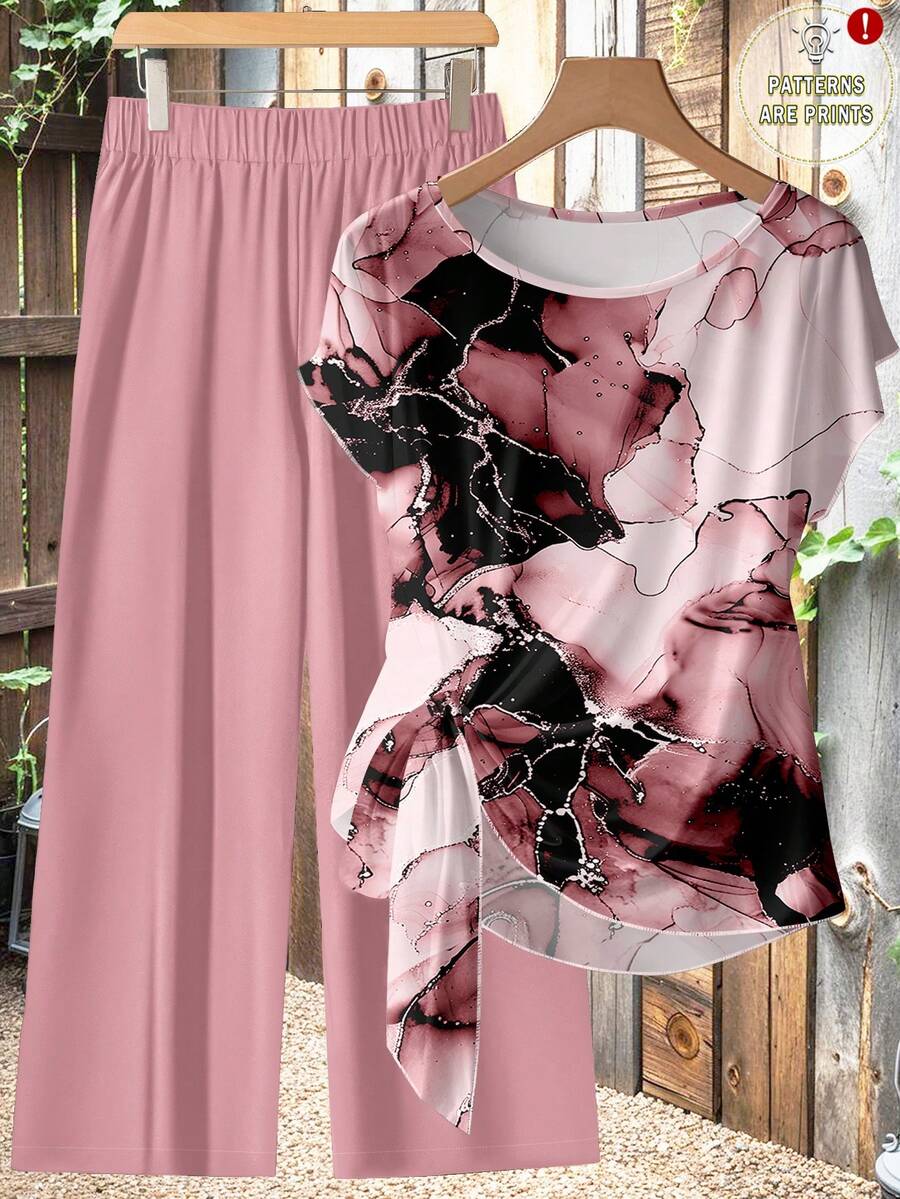 SHEIN Clasi 休闲简约风粉色仿箔抽象花卉图案女式衬衫配蝴蝶结和宽松直筒裤两件套,适合秋冬季节,复古风格 - 彩色 - 查看 1