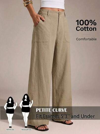SHEIN PETITE CURVE Pantalones casuales anchos de talla grande para mujer con bolsillos y unicolor
