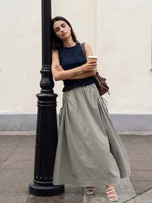 Solavon Sage Green Drawstring Elastic Waist A-Line Maxi Skirt For Women,Minimalist Modest Flowy Solid Color Pocket Casual Long Skirt For Autumn City Break - Green - View 5