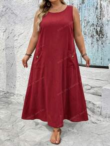 SHEIN CURVE+ Đầm nữ dáng ôm US22, màu trơn, cổ tròn, không tay, kiểu dáng thường ngày, có túi, thích hợp cho lễ hội âm nhạc, kỳ nghỉ bên bờ biển, phong cách Bohemia. - Màu Đỏ Sâu - Xem 7