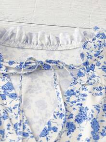 Linhara Blusa casual de mujer talla grande con cuello en V, lazo, volantes y manga corta con estampado floral, adecuada para volver al colegio, fiestas, Navidad, Día de la Madre, festivales de música, primavera/verano - Azul - Ver 5