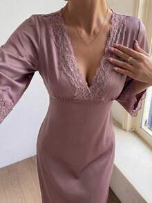 DAZY Women Lace Patchwork V-Neck Backless 3/4 Sleeve Nightgown, Pajama, Fall, Winter - Dusty Purple - View 3