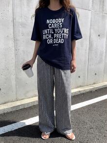 DAZY 2pcs Women's Letter Print T-Shirt Top And Plaid Loose Pajama Pants Set - Navy Blue - View 2