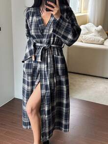 DAZY Women's Plaid Print Casual Loose Fit Robe, Home Wear, Long Sleeve, Fall Pajama, Winter - Navy Blue - View 4