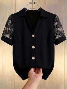 Cravure Plus Size Women Mesh Sleeve Gold Button Decor Short Sleeve Blouse - Black - View 1