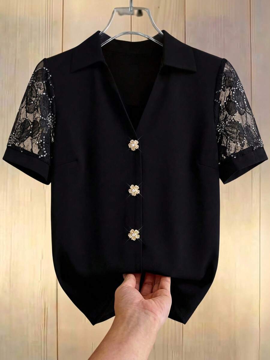 Cravure Plus Size Women Mesh Sleeve Gold Button Decor Short Sleeve Blouse - Black - View 1
