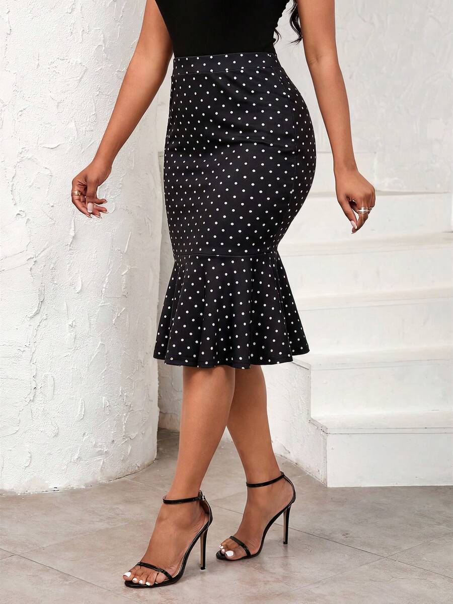 SHEIN Lady 女士荷叶边高腰鱼尾裙，夏季 - 彩色 - 查看 1