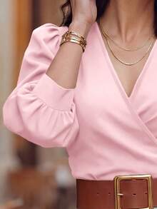 EMERY ROSE Stylish Pink Woven Fabric Top With V Neck And Bishop Half Sleeves Elegant Wrap Blouse - Pink - View 3