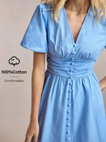 BizChic 夏季新款蓝色褶皱连衣裙，饰有蘑菇纽扣，泡泡袖，腰部褶裥，优雅百搭，适合办公室、正式场合、休闲场合，浪漫的90年代复古风，也适合派对、婚礼宾客、伴娘、女主人、日常穿着。 - 淺藍色 - 查看 1