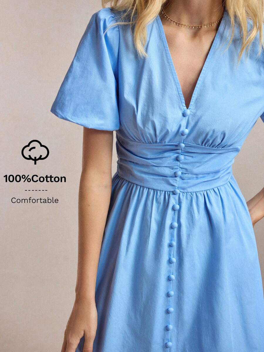 BizChic 夏季新款蓝色褶皱连衣裙，饰有蘑菇纽扣，泡泡袖，腰部褶裥，优雅百搭，适合办公室、正式场合、休闲场合，浪漫的90年代复古风，也适合派对、婚礼宾客、伴娘、女主人、日常穿着。 - 淺藍色 - 查看 1