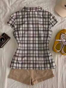 INAWLY Áo sơ mi tay ngắn dáng suông, họa tiết kẻ caro cổ điển, cỡ lớn, thắt eo, kiểu dáng thường ngày. - Nhiều màu - Xem 2