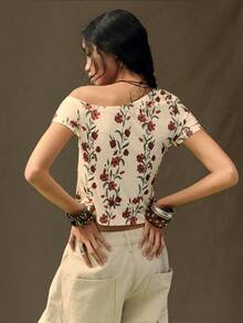 SoleilVie Women's Casual Floral Print Asymmetrical Shoulder Crop Top, Summer - Multicolor - View 2
