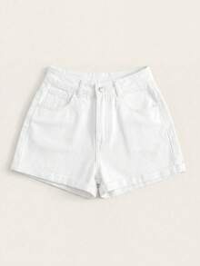 Quần short denim nữ kiểu dáng thường ngày, có túi và cúc. - trắng - Xem 5