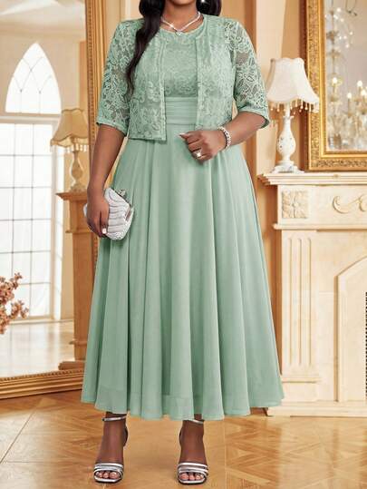Fleurora Conjunto de 2 piezas de vestido de cuello redondo de unicolor y cárdigan de manga corta para mujer de talla grande, elegante para citas y fiestas