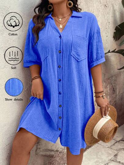 Breezaya Plus Size Button Up Pocket Detail Solid Color Dress
