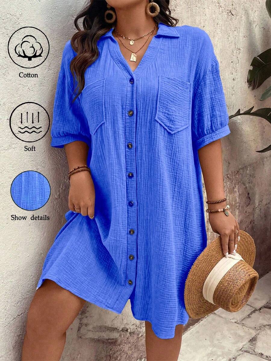 Breezaya Casual Plus Size Royal Blue Woven Fabric Midi Shirt Dress For Women Drop Shoulder Short Sleeve With Pockets For Summer Outfits - Royal Blue - View 1
