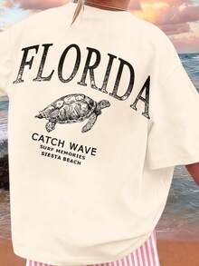 少女圆领字母和海龟印花短袖T恤，适合夏季日常穿着 - 彩色 - 查看 4