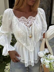 DAZY Cotton Lace Patchwork Waist Vacation Shirt, Suitable For Beach Party, Holiday, Easter, Spring & Summer - White - View 5