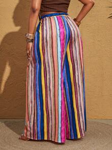 Maweii Plus Size Sexy Elastic Waist Striped Wide Leg Pants - Multicolor - View 2