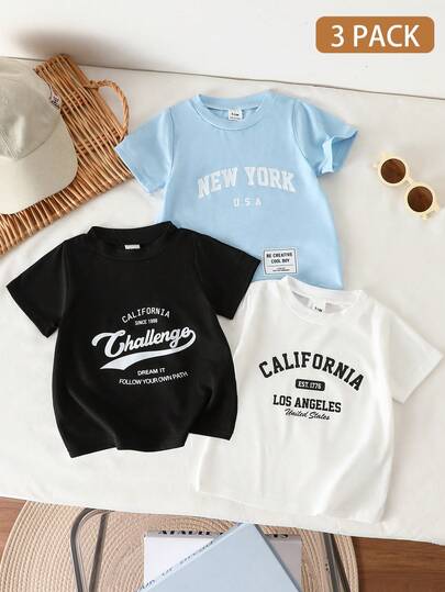 Áo thun ngắn tay cổ tròn in chữ cho bé trai, kiểu dáng thường ngày, thích hợp cho mùa hè.