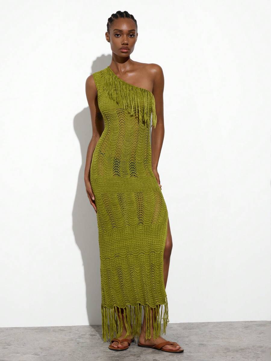 Maija Women's Fringe Shoulder High Slit Sweater Dress - Green - View 1
