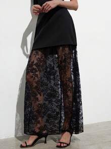 Aveloria Modichic Women's Lace And Woven Fabric Slim Fit H-Line Lace Patchwork Hem See-Through Design Faux Two-Piece Visual Effect Maxi Skirt Elegant Romantic Retro Modern Black Black Dress For Women Elegant Party Dresses Formal Dresses For Women Black Skirt - Black - View 6