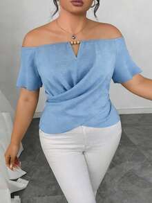 INAWLY Plus Size Women's Off-Shoulder Ruffle Trim Fitted Blouse - Blue - View 4