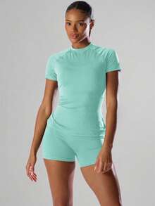 Musera Sport 纯色短袖运动T恤 跑步短裤 舒适休闲 健身 健身房 跑步 俱乐部、板式网球、网球、匹克球 健身 瑜伽 普拉提 日常休闲 - 水藍色 - 查看 4