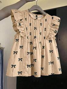 SHEIN Áo kiểu tay ngắn cổ tròn dáng rộng in nơ cho bé gái tuổi teen - Màu Khaki - Xem 3