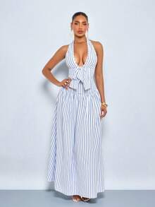 SOLERSUN 女士优雅蓝白条纹露背长裙，正面蝴蝶结，后背褶皱设计，夏季海滩派对优雅度假装扮 - 藍白色 - 查看 3