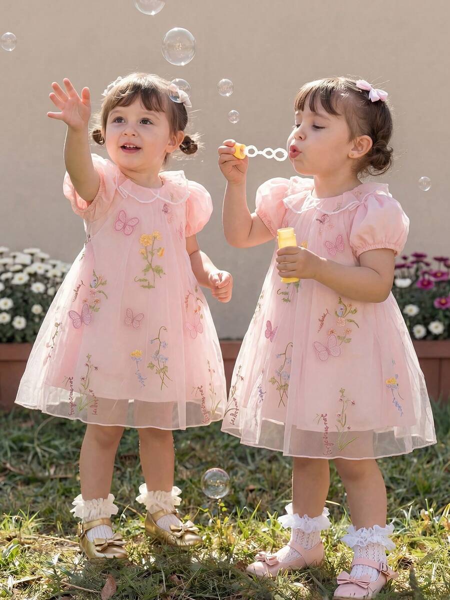 Souflis Souflis French Style New Baby Girl Princess Embroidered Mesh Petal Sleeve Dress, Suitable For Birthday Party, Evening Party, Daily Wear - Pink - View 1