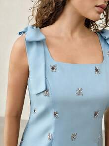 MOTF PREMIUM PLUS SIZE SEQUIN EMBROIDERED BOW DECOR DRESS - Dusty Blue - View 3