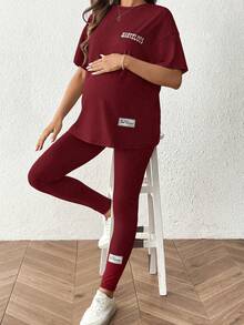 SHEIN 2pcs Maternity Applique & Letter Print Round Neck Short Sleeve Top And Leggings Set - Burgundy - View 8