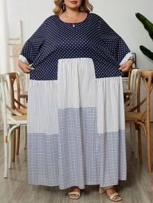 SHEIN CURVE+ 大码女式休闲度假圆领七分袖波点、格子和条纹拼接连衣裙，秋季 - 彩色 - 查看 9