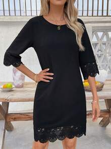 SHEIN Clasi 女士夏季蕾丝边短款连衣裙，优雅通勤休闲百搭连衣裙 - 黑色 - 查看 3
